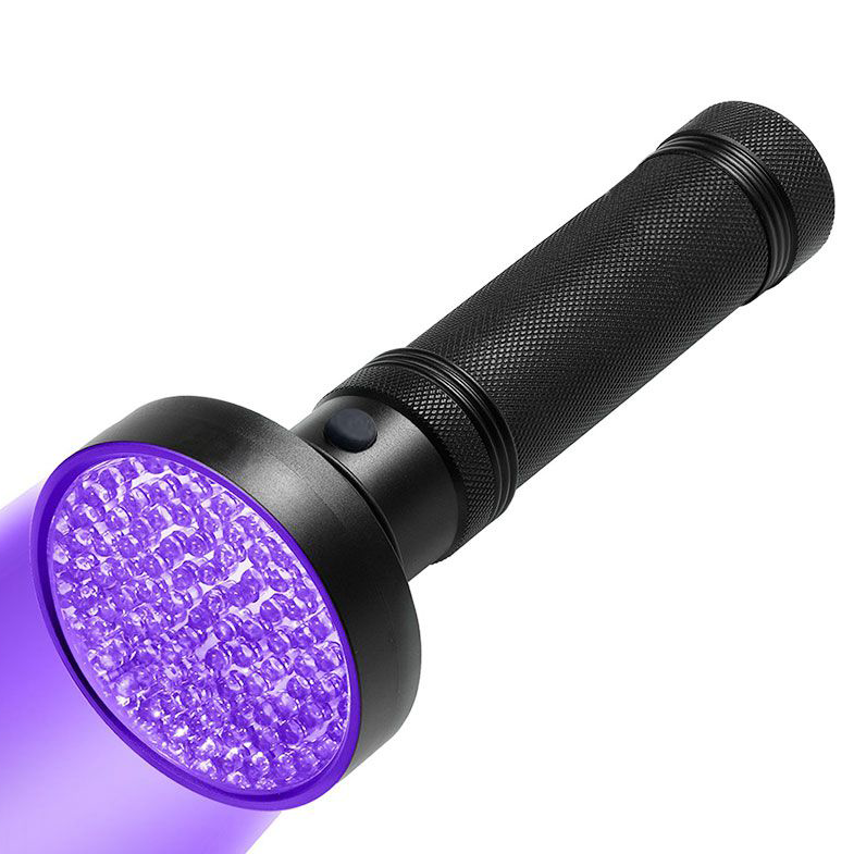 100 LED UV Flashlight with Rubber Handle Germ Detector 395nm UV Blacklight Torch Aluminum Body AA Battery Power IP65 Rating