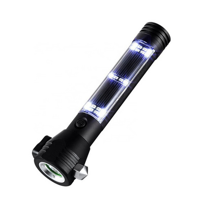 TMWT USB Rechargeable Multifunction Self Defense Tactical Led Solar Torch Flashlight With Safety Hammer Cutting Knife Side Light