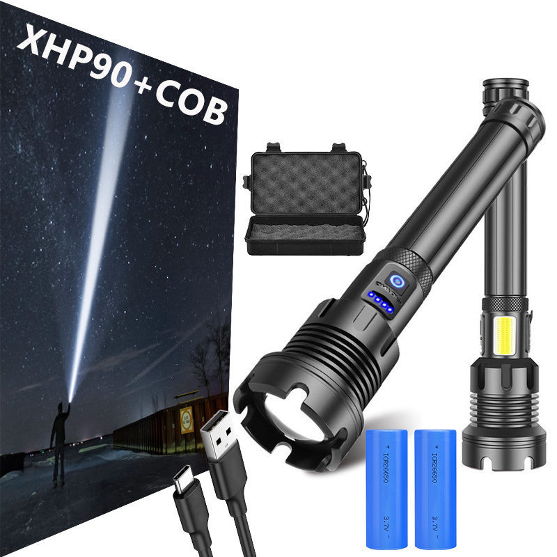 Super Bright USB Rechargeable 90000 Lumens XHP90 Torch Outdoor Waterproof XHP90.2 LED Tactical Flashlight With COB Light