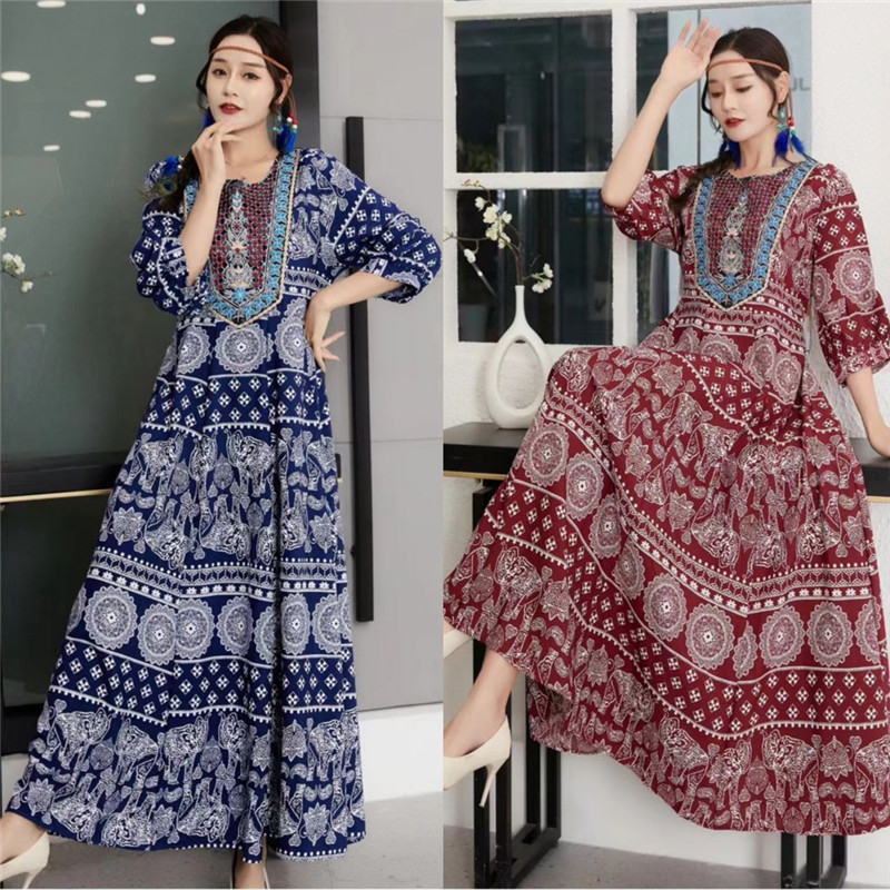 Summer India Nepal Thailand ethnic style Yunnan Xinjiang Qinghai Sanya travel waist thin casual printed dresses