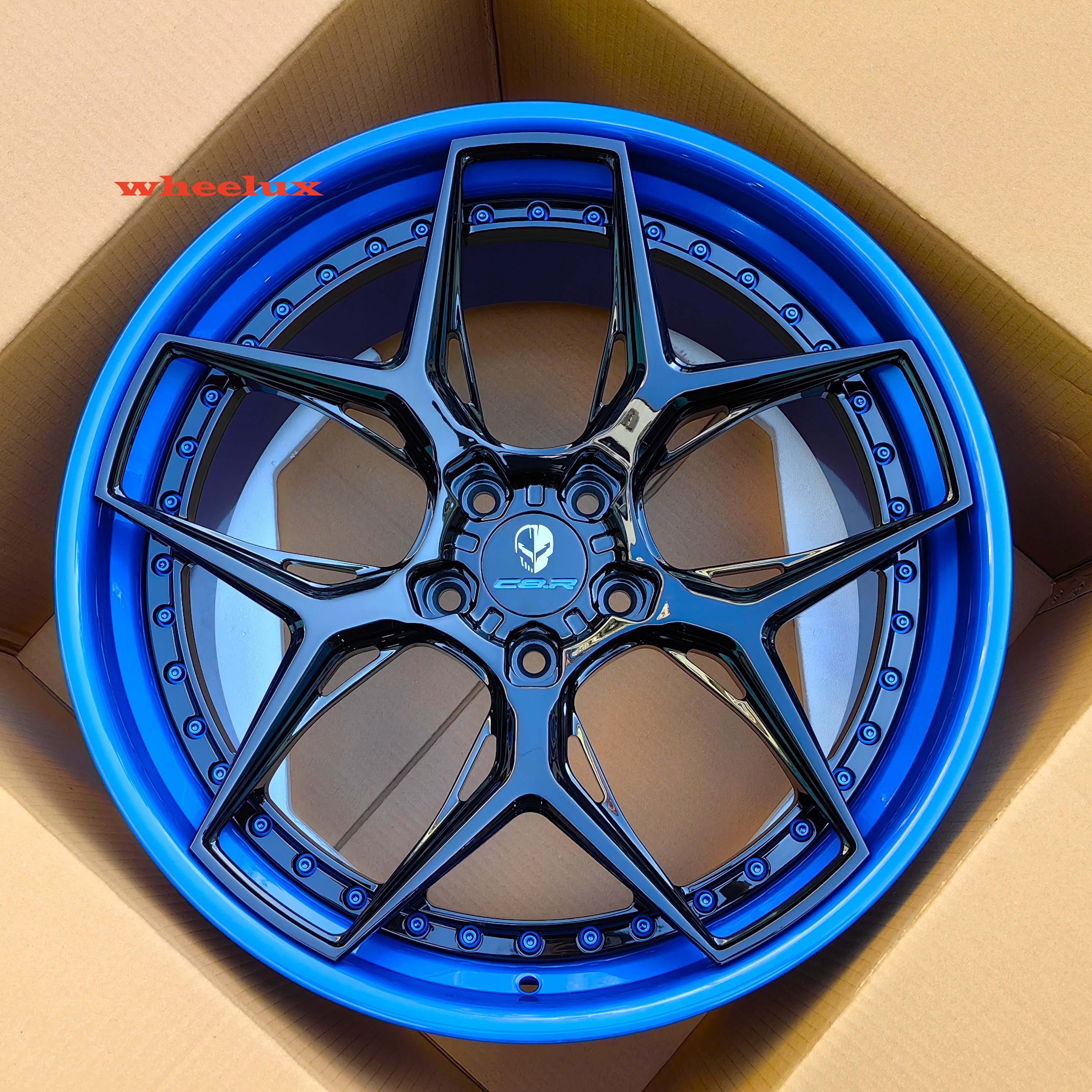 Pengzhen 2 Pieces Forged Star Shaped 20 Inch 5 Spoke Wheels Car Rim Blue Center Piece Silver Deep Dish For Chevrolet Corvette C8