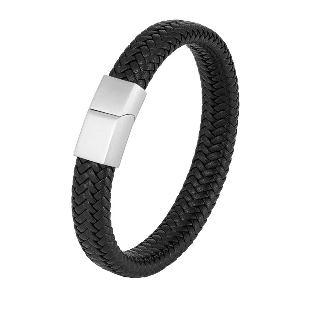 Custom Fashion Jewelry Black Stainless Steel Leather Bracelet Men Bracelet Homme Magnetic Real Leather Bracelet For Men