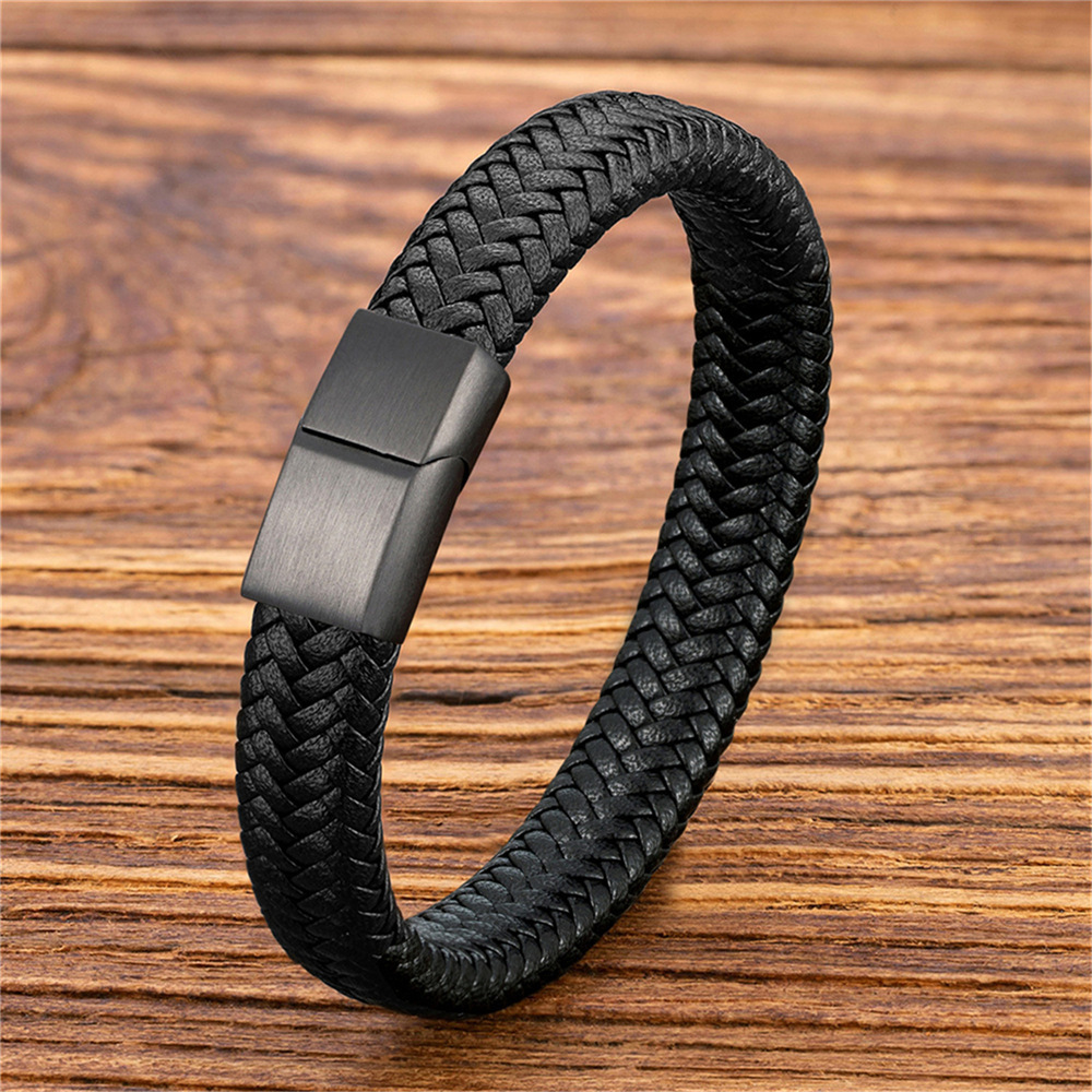 Custom Fashion Jewelry Black Stainless Steel Leather Bracelet Men Bracelet Homme Magnetic Real Leather Bracelet For Men