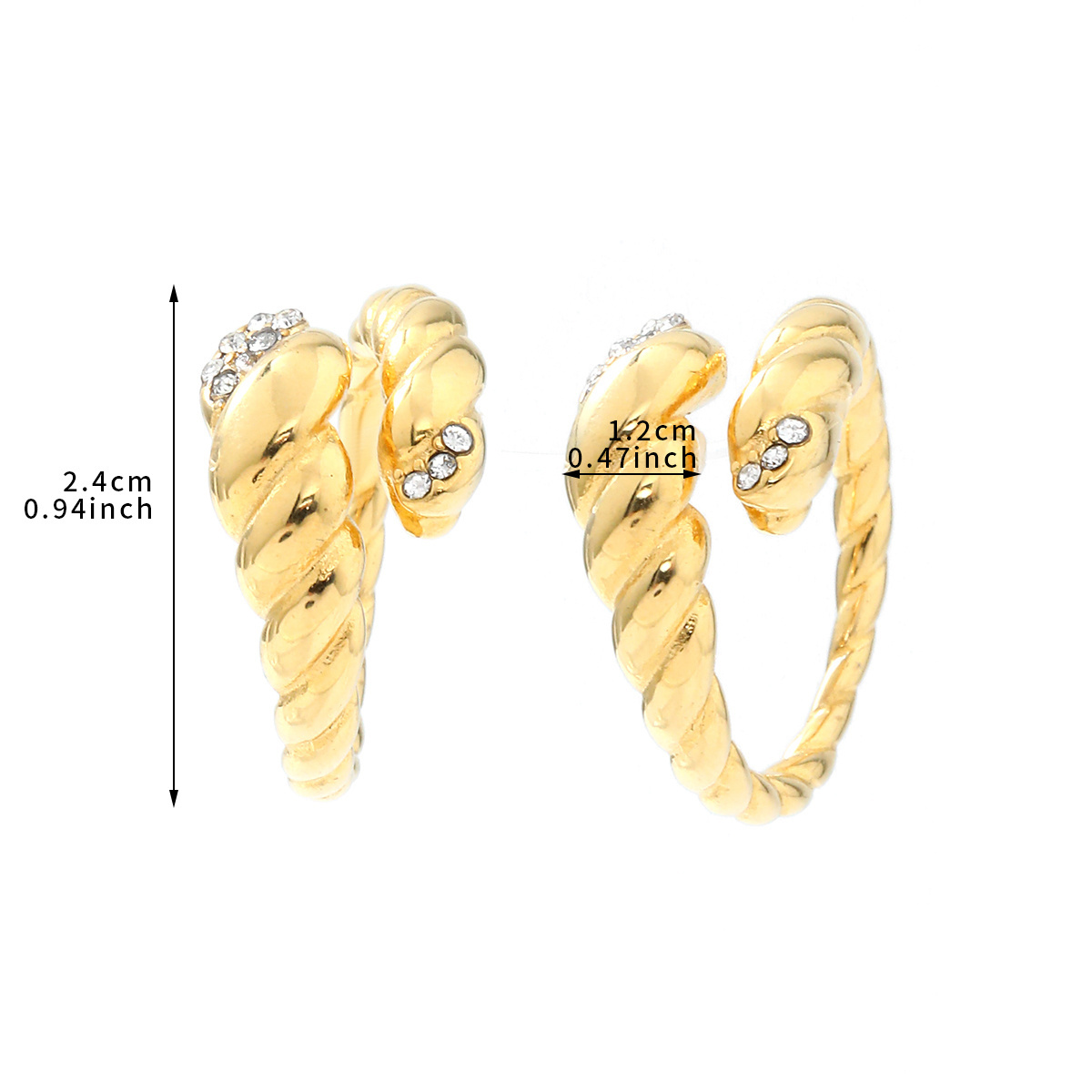 Ruigang Customized Wholesale Tarnish Free Trendy 18k Croissant Stainless Steel Rings For Women Zircon Paved Open Snake Rings