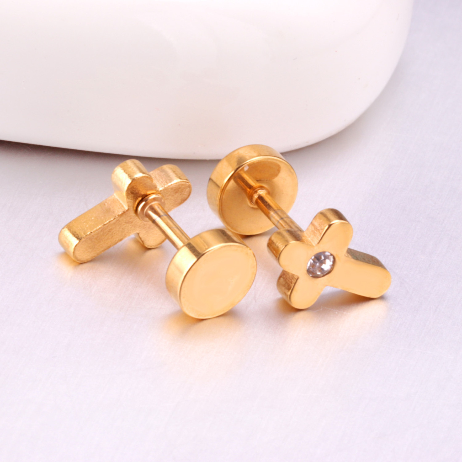 fashion simple gold screw plug Zircon stainless steel jewelry manufacturers cross earrings