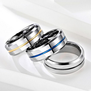 Men's Fashion 8MM Tungsten Steel Black/Gold/Blue Groove Ring Rainbow Rings Wedding B Male Jewelry Gifts  Men