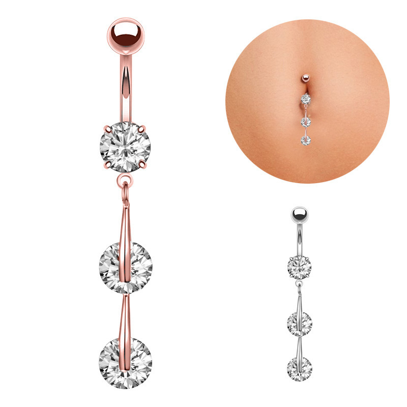 Ruigang High Quality Rose Gold Plated 316l CZ Button Ring Piercing Surgical Steel Zircon Belly Bars Navel Rings