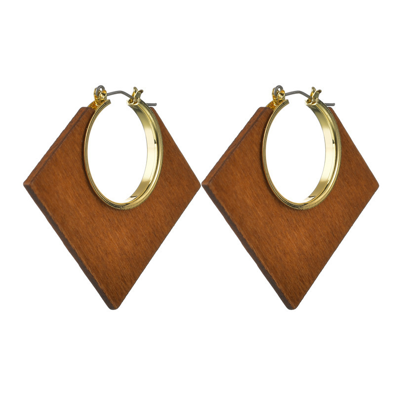 Ruigang 2022 Hotsale Bohemian Natural Wood Dangle Earrings Geometric Splicing Hollow Statement Wooden Earring For Women