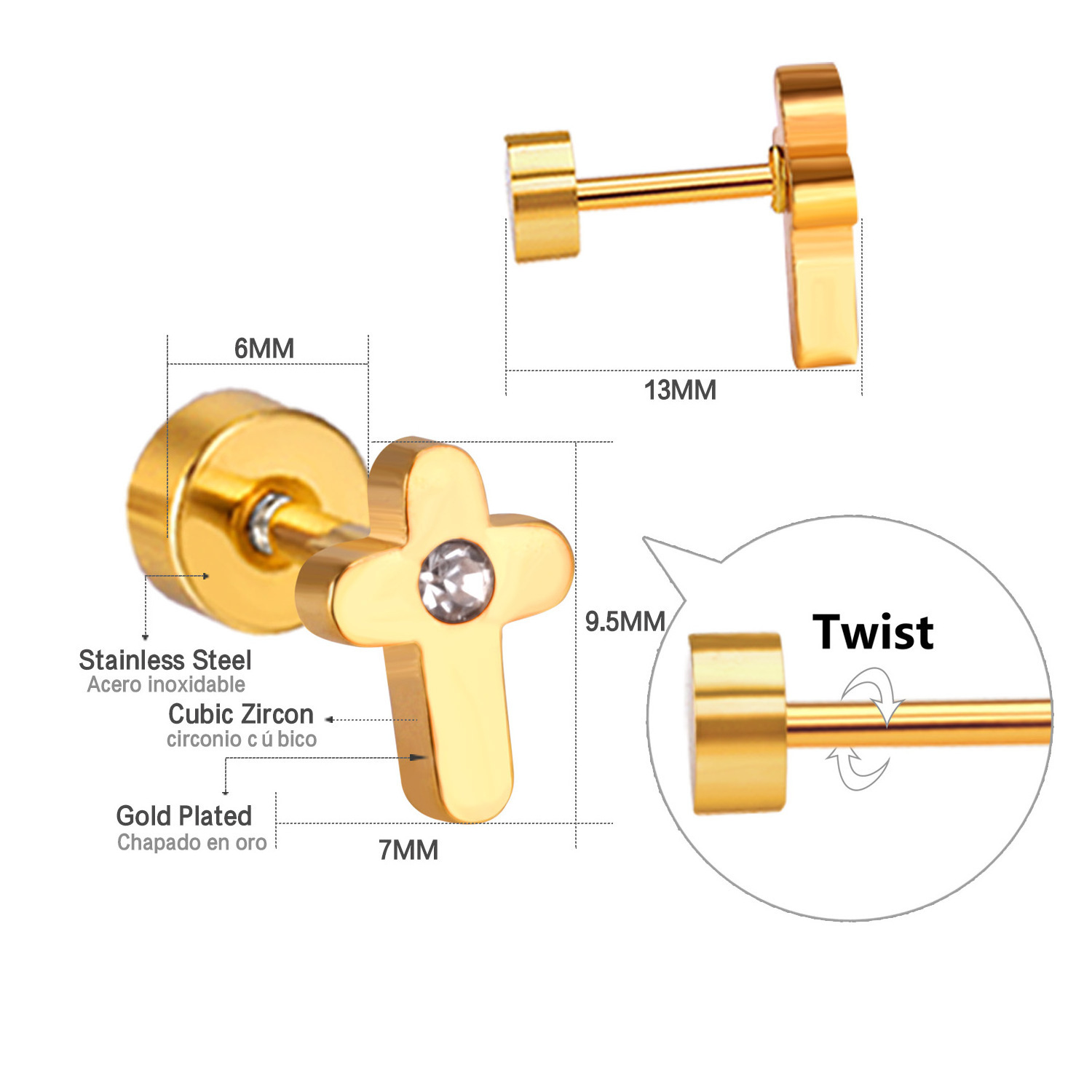 fashion simple gold screw plug Zircon stainless steel jewelry manufacturers cross earrings