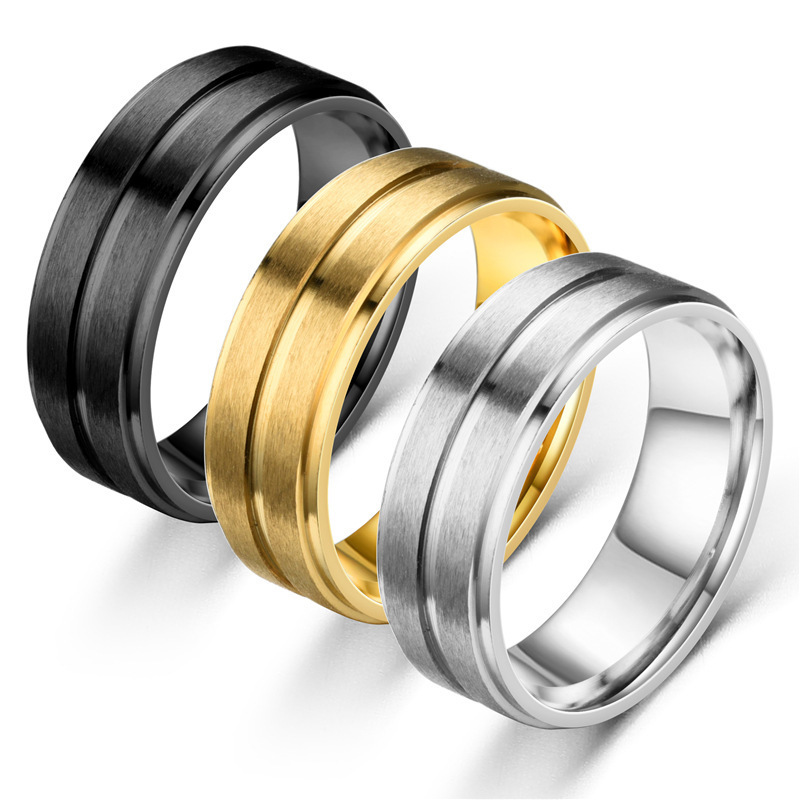 stainless steel 8mm wide matte double steps simple men's black gold white ring wholesale