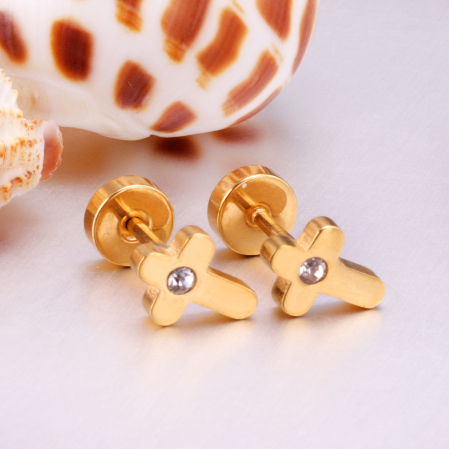 fashion simple gold screw plug Zircon stainless steel jewelry manufacturers cross earrings