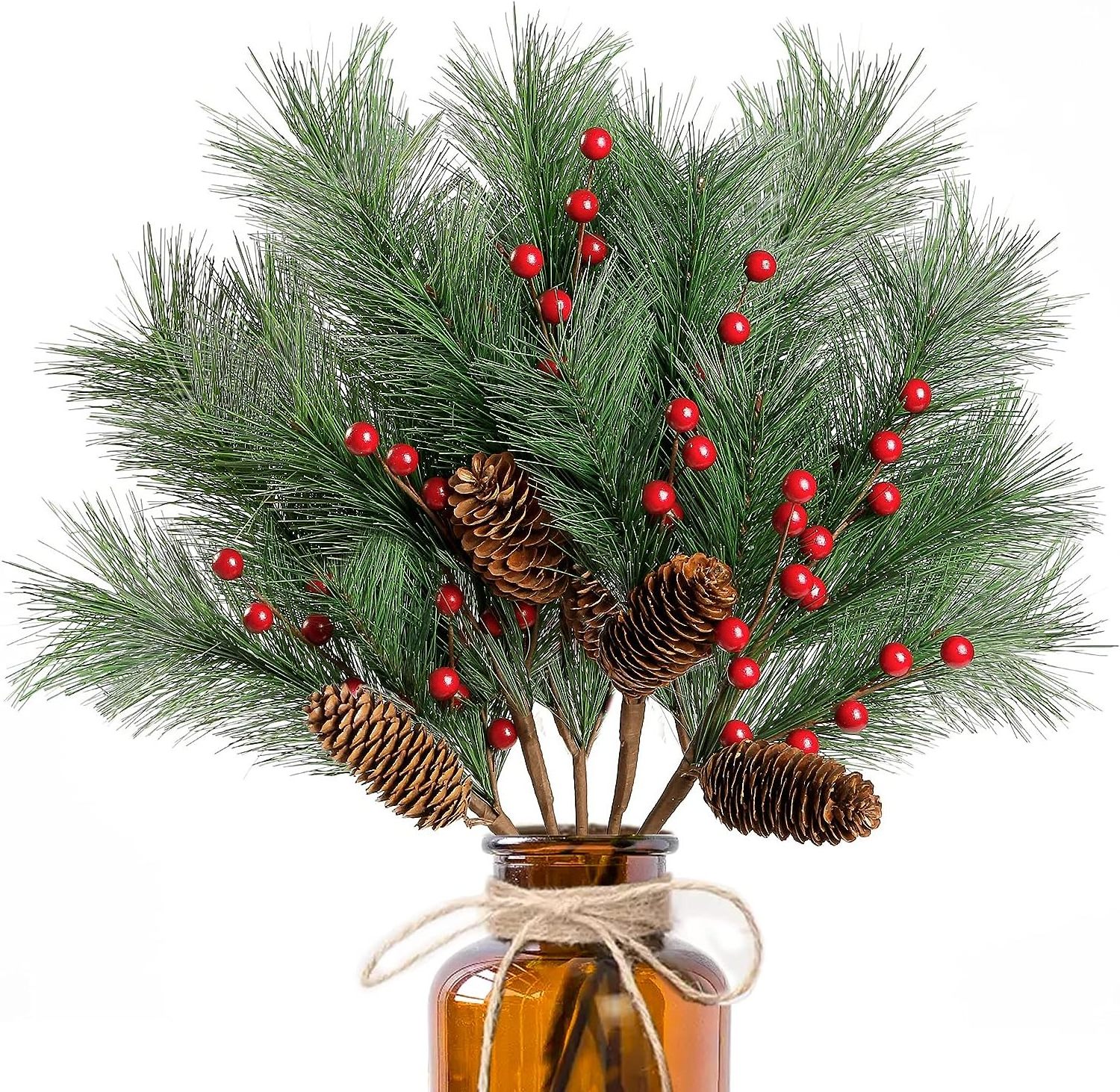 Artificial Red Berry Pine Branches Long Pine Stem with Pinecones for Xmas Tree Wreath  Floral Arrangement Holiday Season Decor