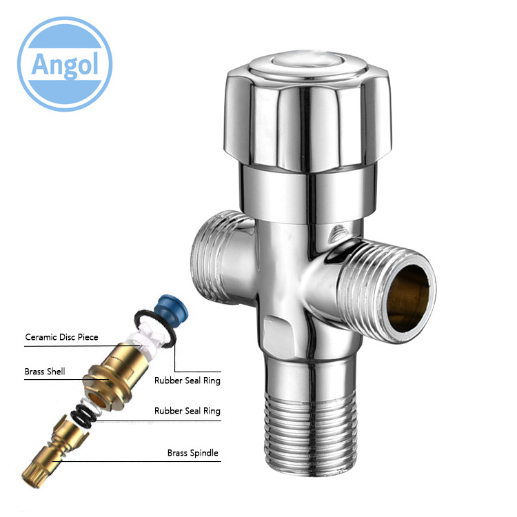 OEM 2 in 1 90 degree water chrome plated polished brass T angle stop valve for bathroom and toilet