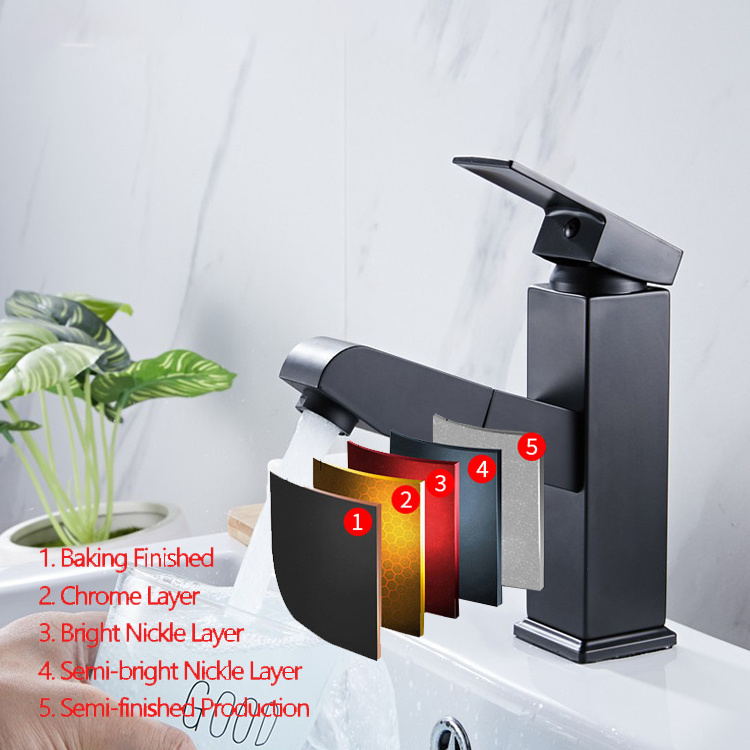 Factory wholesales square desgin lever handle stainless steel bathroom pull out basin faucet mixer water tap