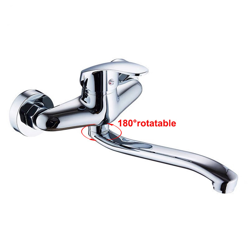 Custom 180 degree rotatable wall mounted grifo para cocina long neck zinc alloy kitchen sink wall mixer taps faucet