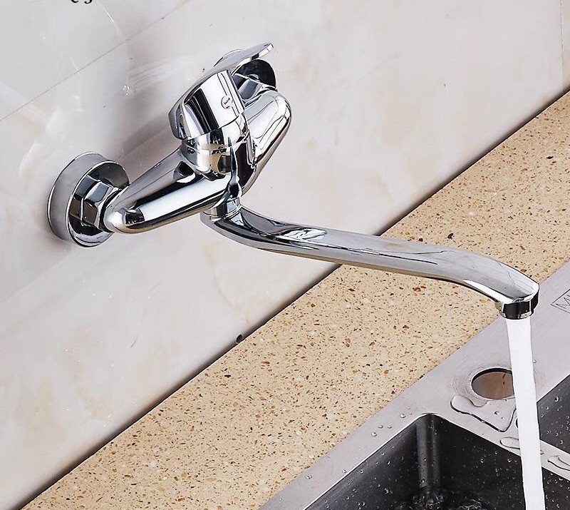 Custom 180 degree rotatable wall mounted grifo para cocina long neck zinc alloy kitchen sink wall mixer taps faucet