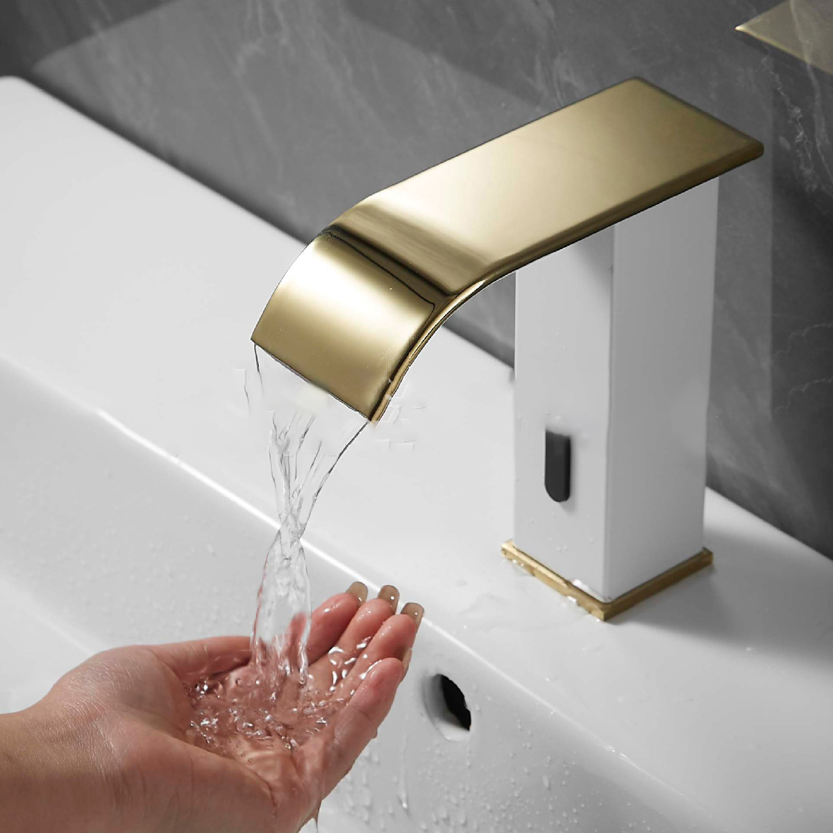 Hand free gold grifo automatico con sensor white luxury bathroom wash basin faucet touchless waterfall infrared induction taps