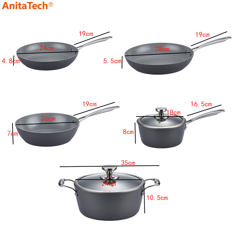 Hard Anodized Aluminum Cookware Set Induction Cooker Non Stick Luxury Kitchen Pots And Pans With PVD Sliver Plated Handle