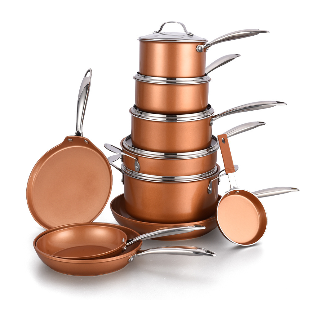 17pcs copper series cookware sets in ceramic nonstick induction pots and pans with steel handle