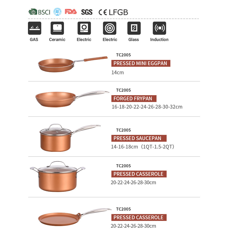 17pcs copper series cookware sets in ceramic nonstick induction pots and pans with steel handle