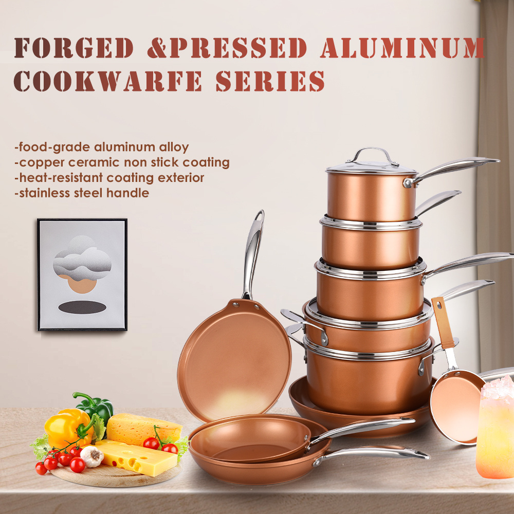 17pcs copper series cookware sets in ceramic nonstick induction pots and pans with steel handle