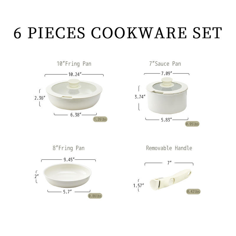 White Ceramic Cookware Set Nonstick Pots and Pans Set Removable Handles 6pce Kitchen Cooking Set