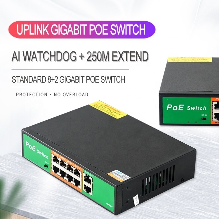 Factory direct 250 meter extend 10/100M 8 port and gigabit 2 port  POE Switch for Camera TV PC