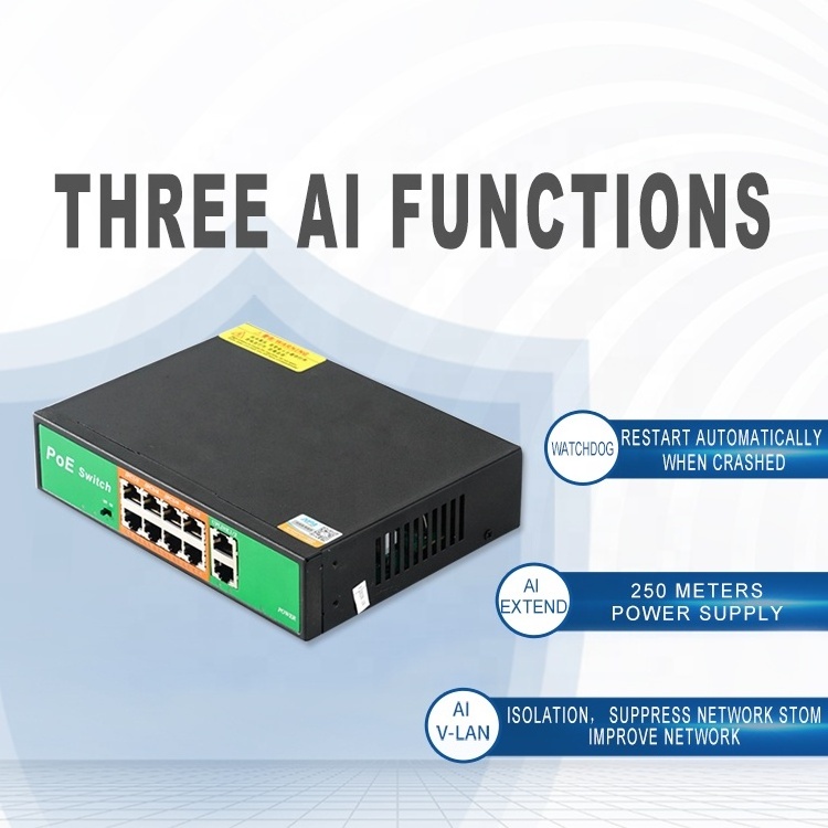 Factory direct 250 meter extend 10/100M 8 port and gigabit 2 port  POE Switch for Camera TV PC