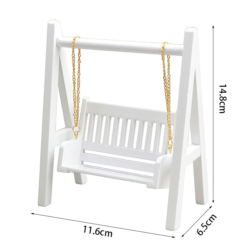 Dollhouse Fairy Garden Decorations Mini Swing Exquisite White Miniature Porch Swing with Gold Chain