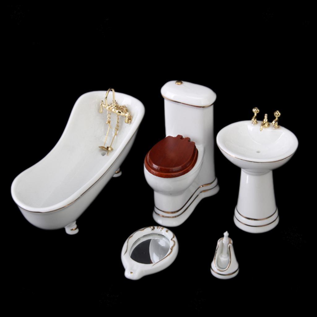 1:12 White Ceramic Toilet Basin Bathtub Mirror Miniature Furniture Doll Accessories Dollhouse Miniature Porcelain Bathroom Set