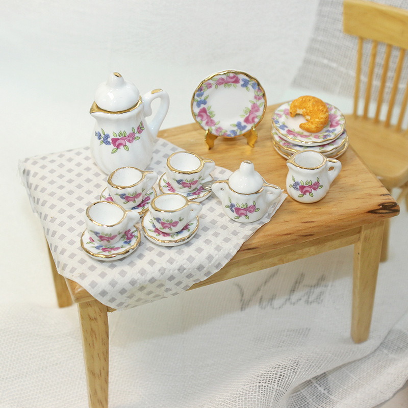 15PCS Ceramic Teapot Cup Plate Dollhouse Kitchen Accessories Dollhouse Miniature Blue Porcelain Tea Cup Set with Golden Trim