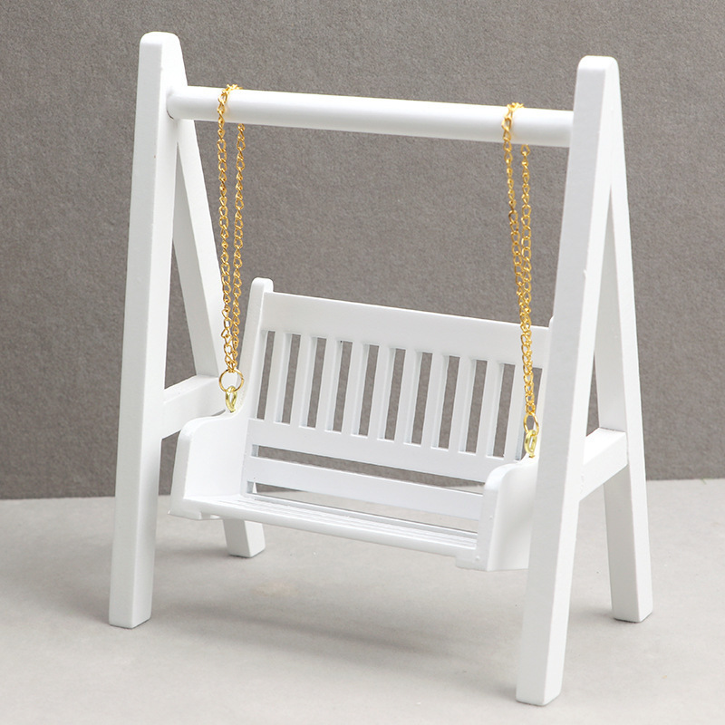 Dollhouse Fairy Garden Decorations Mini Swing Exquisite White Miniature Porch Swing with Gold Chain