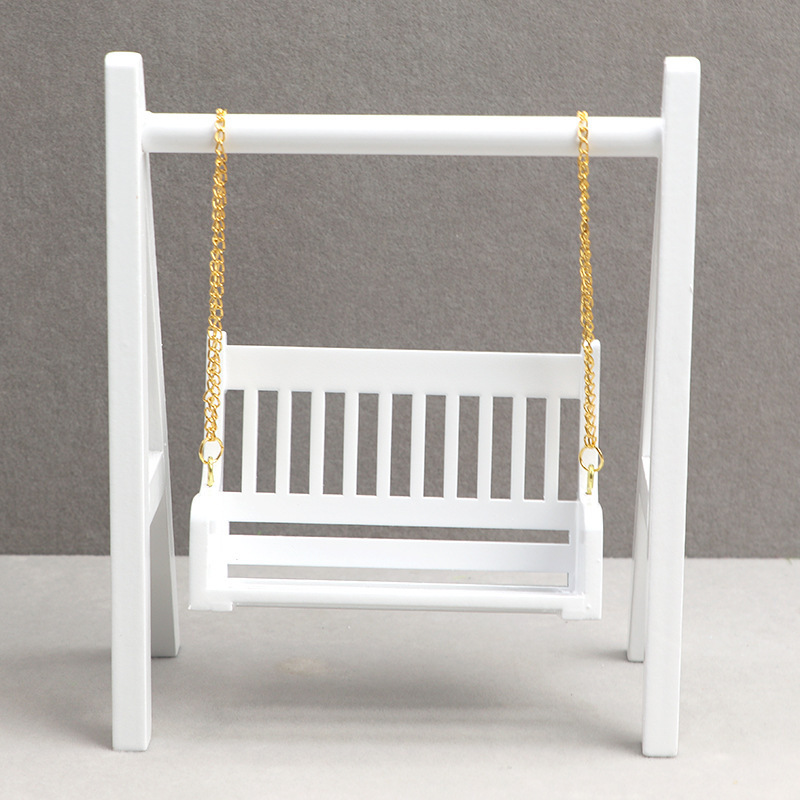 Dollhouse Fairy Garden Decorations Mini Swing Exquisite White Miniature Porch Swing with Gold Chain