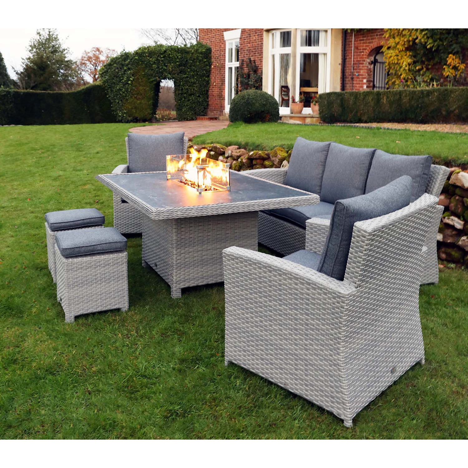 Rattan outdoor Sofa Patio Garden Furniture Wicker Garden Dining Table chair set with fire pit