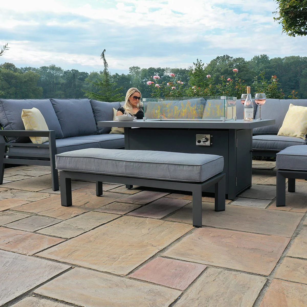 Fimous Aluminum Garden Furniture Corner Sofa Outdoor fire pit Table Set Dark Grey 9 Seater