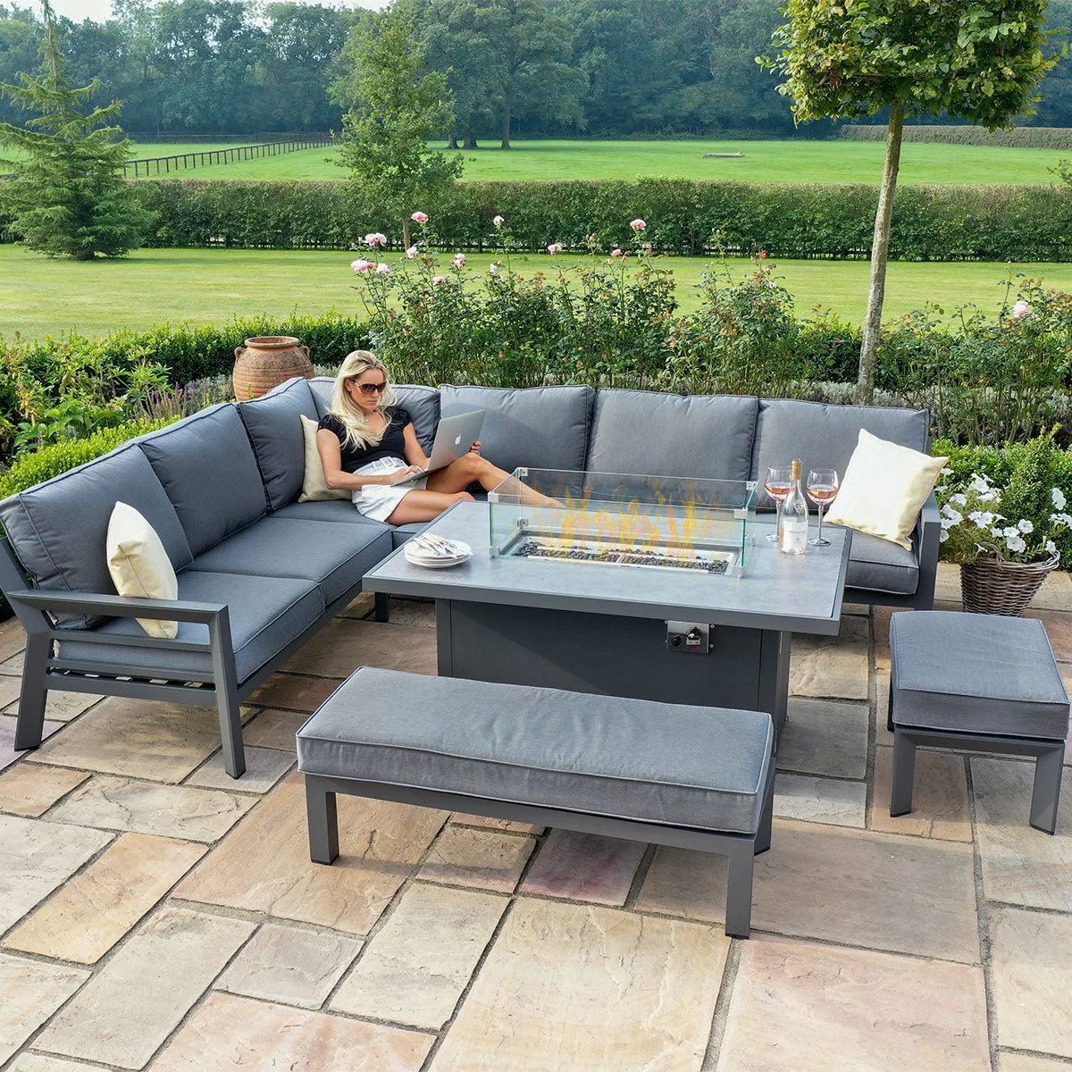 Fimous Aluminum Garden Furniture Corner Sofa Outdoor fire pit Table Set Dark Grey 9 Seater