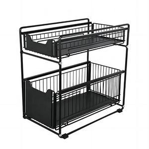 Retractable steel shelf 2-tier under sink cabinet sliding basket organizer