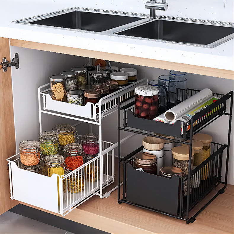 Retractable steel shelf 2-tier under sink cabinet sliding basket organizer