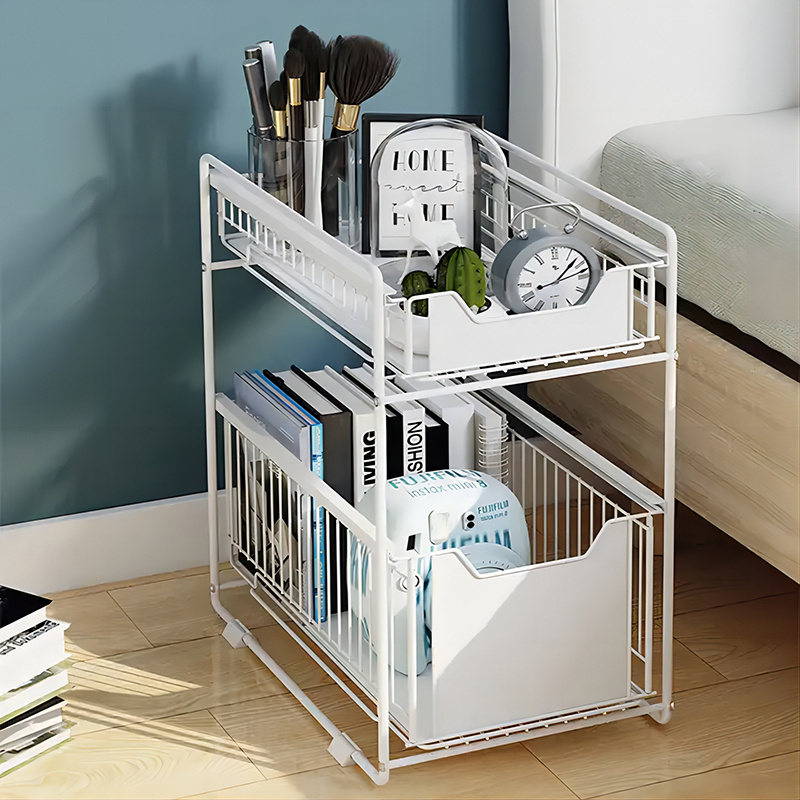 Retractable steel shelf 2-tier under sink cabinet sliding basket organizer