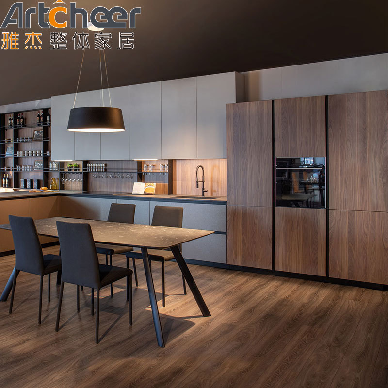 Italian design customized modern style wood veneer and high glossy lacquered door panels with luxury island kitchen cabinets