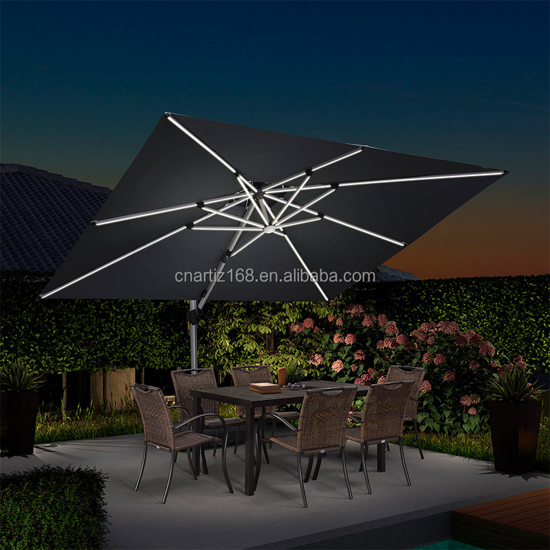 Aluminum Large Cantilever  Outdoor Sun LED Light Parasol Roman Umbrella for Garden Shading for Patio Umbrellas & Bases