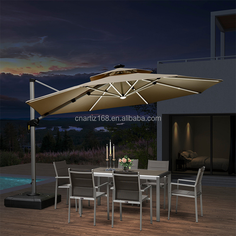 Aluminum Large Right Cantilever Outdoor Sun Garden Umbrella windproof Replacement patio umbrella with led solar panel