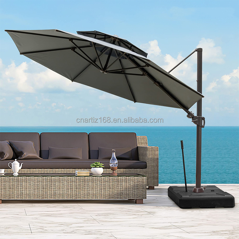 Large Right-Cantilever Aluminum Outdoor Garden Sun Umbrella Windproof LED Solar Panel Replacement Patio Hotels Outdoor Furniture