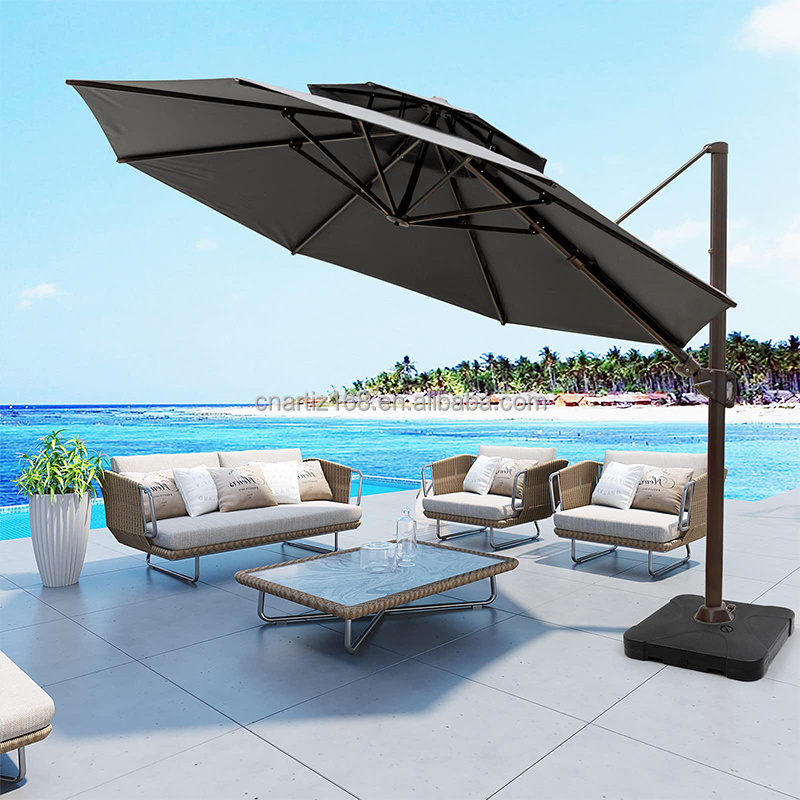 Large Right-Cantilever Aluminum Outdoor Garden Sun Umbrella Windproof LED Solar Panel Replacement Patio Hotels Outdoor Furniture