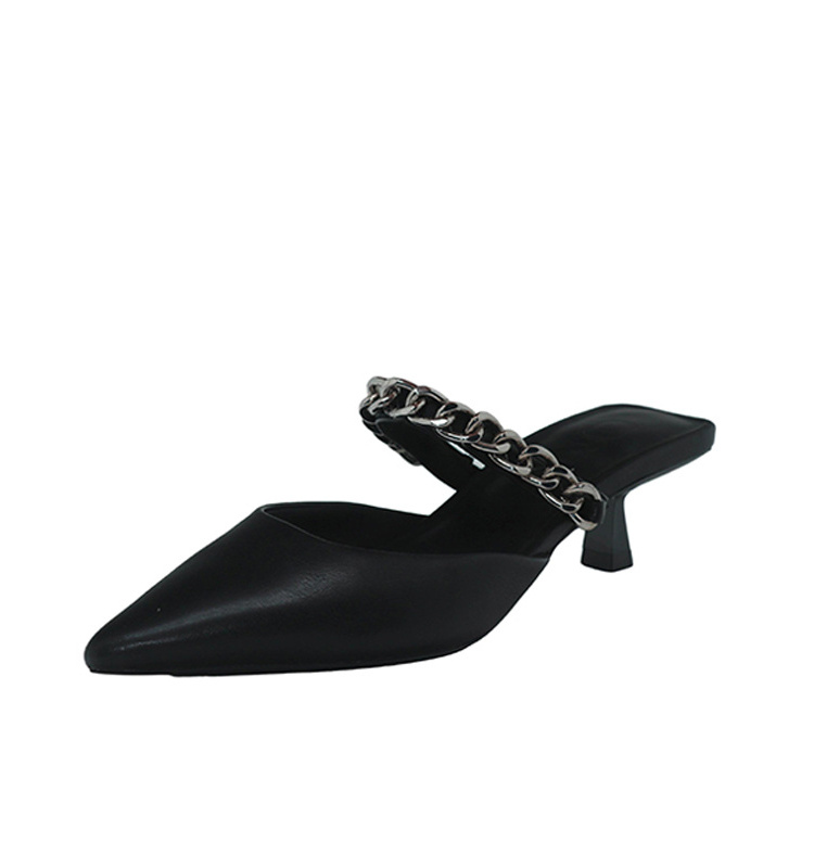 New Spring/Summer Black Pointed-Toe Metal Chain Decorated Kitten Heel Women's Sandals Heels - Comfortable Casual Style