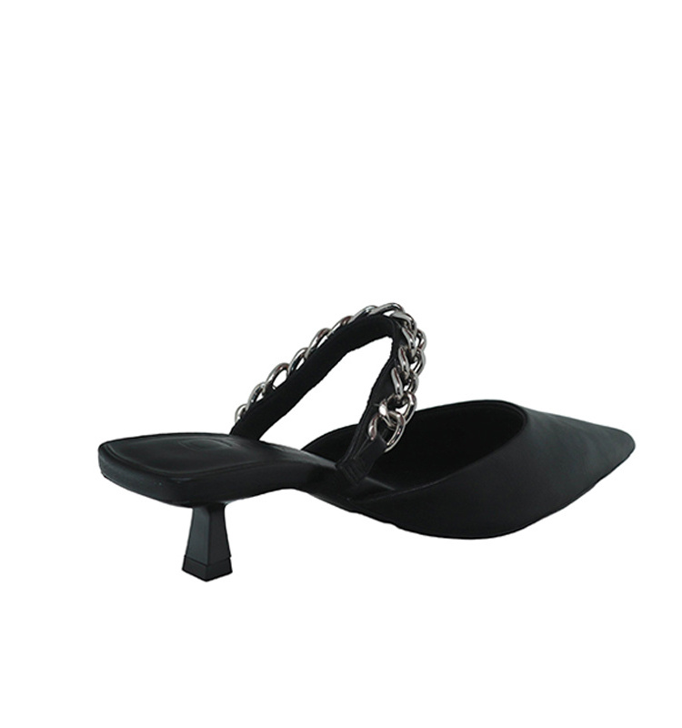 New Spring/Summer Black Pointed-Toe Metal Chain Decorated Kitten Heel Women's Sandals Heels - Comfortable Casual Style