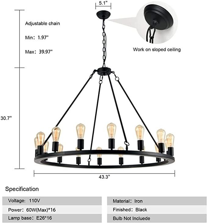 Black Wagon Wheel Chandelier, Large Round Farmhouse Rustic Light Fixture, 16 Lights Vintage Industrial Chandelier Lighting