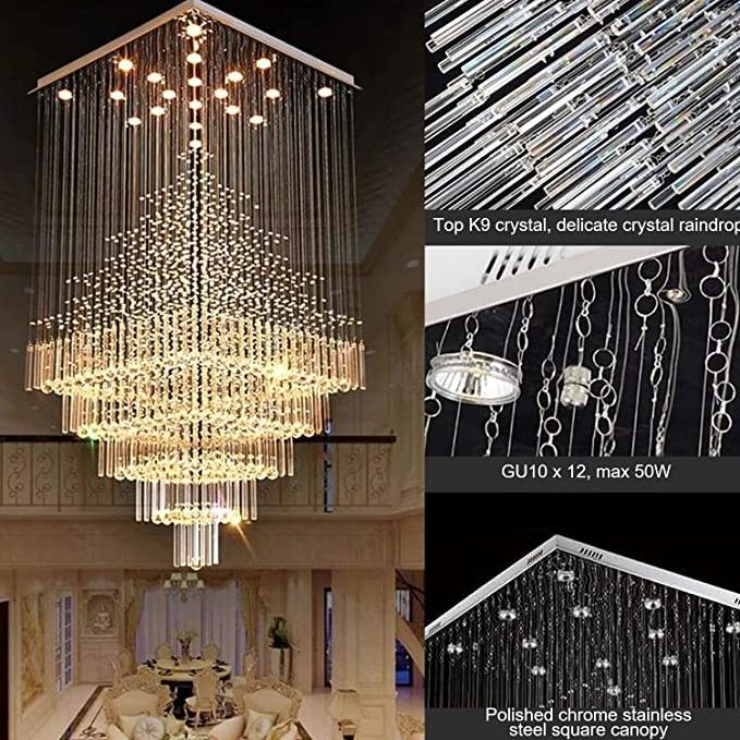 Modern square raindrop chandelier deluxe crystal staircase ceiling light fixture flush mounted staircase living room foyer