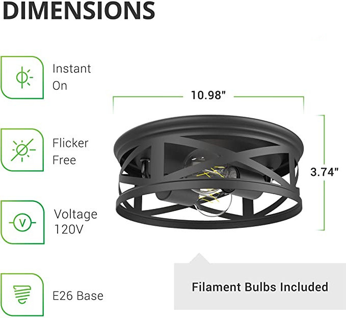 2-Light Flush Mount Ceiling Light Fixture, Hallway Matte Black Outdoor Industrial Lights