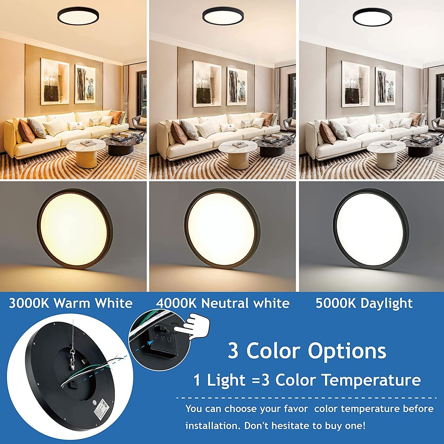 15.8 Inch Dimmable Black LED Recessed Ceiling Light 24W 3000K 4000K 5000K 3 Colors Available Low Profile Slim Surface Light